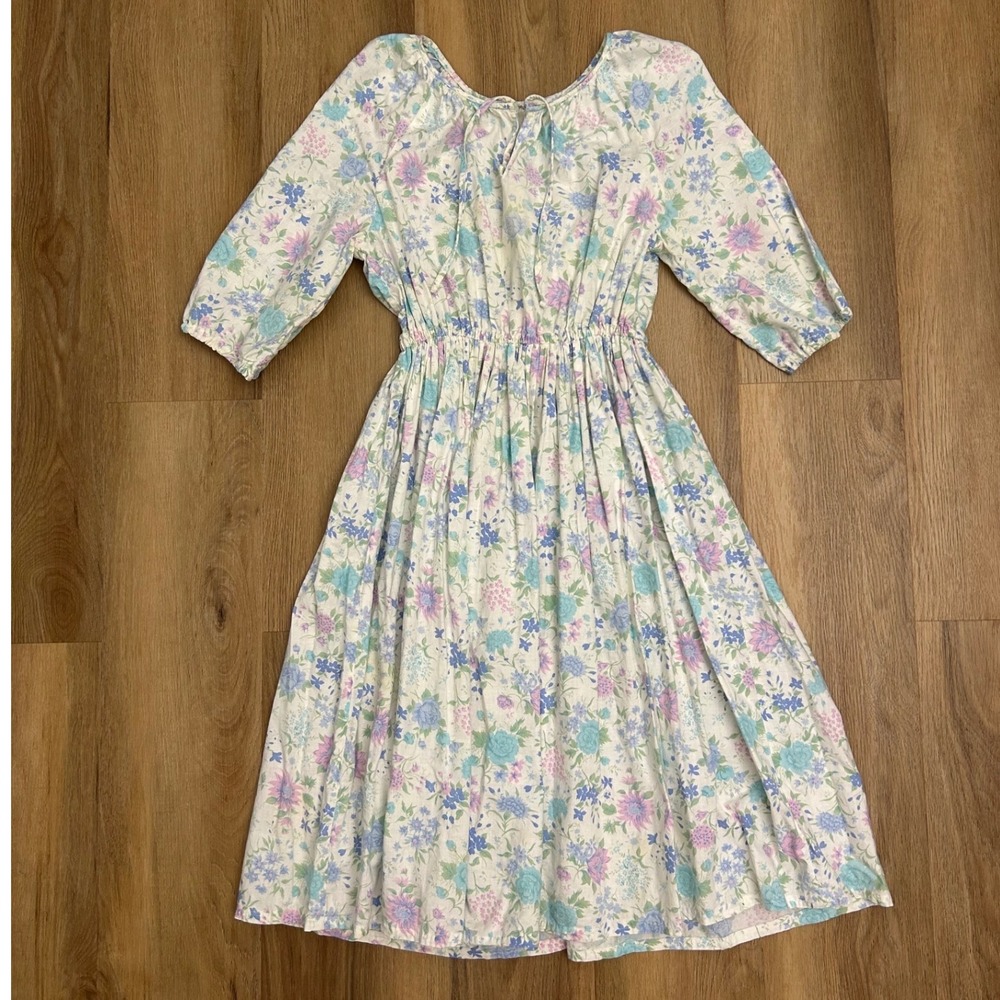 Vtg Cottagecore Floral Midi tea Dress Pastel cotton Prairie‎ Elastic Waist